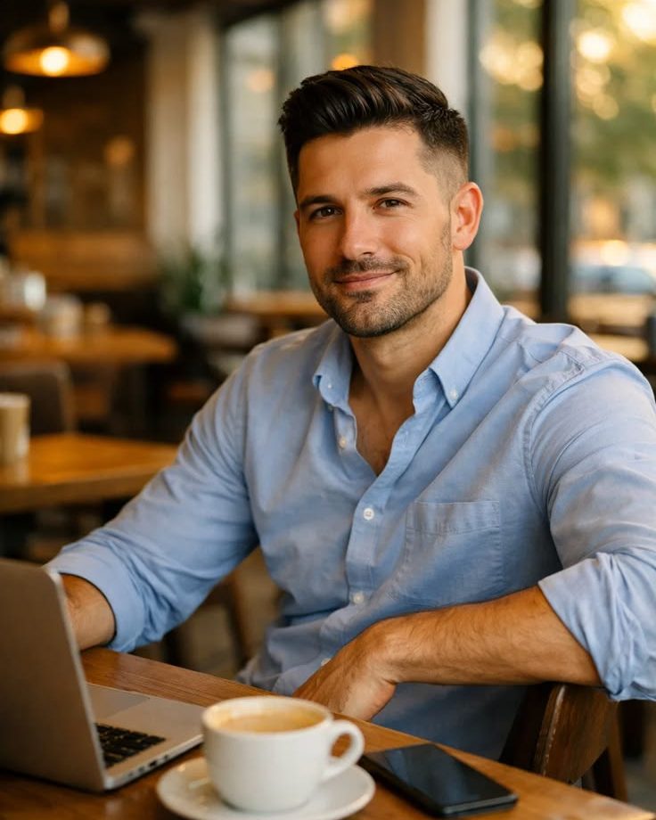 Kovo Credit member at a cafe checking his credit-builder progress on a laptop and phone